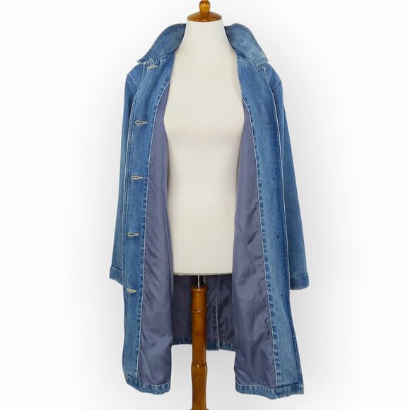 Denim & Co Long Blue Denim Jacket Chore Barn Duster Size Medium Button Front - Picture 3 of 14